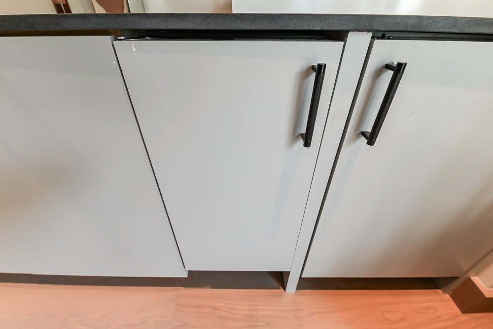 Custom Modern Light Grey Wet Bar with Black Stone Countertops & Appliances