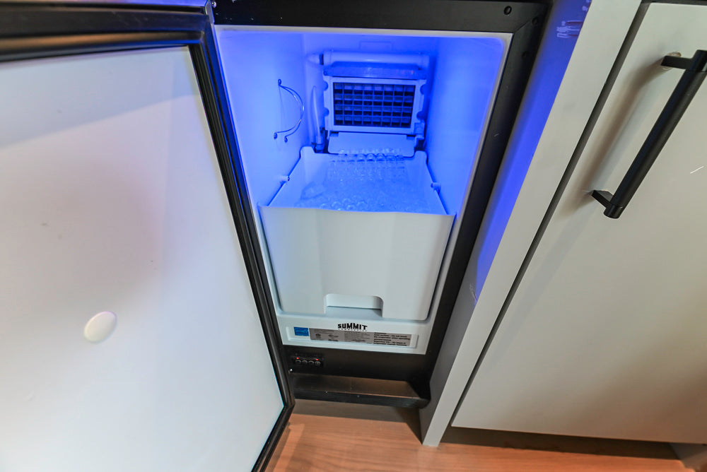 Custom Modern Light Grey Wet Bar with Black Stone Countertops & Appliances