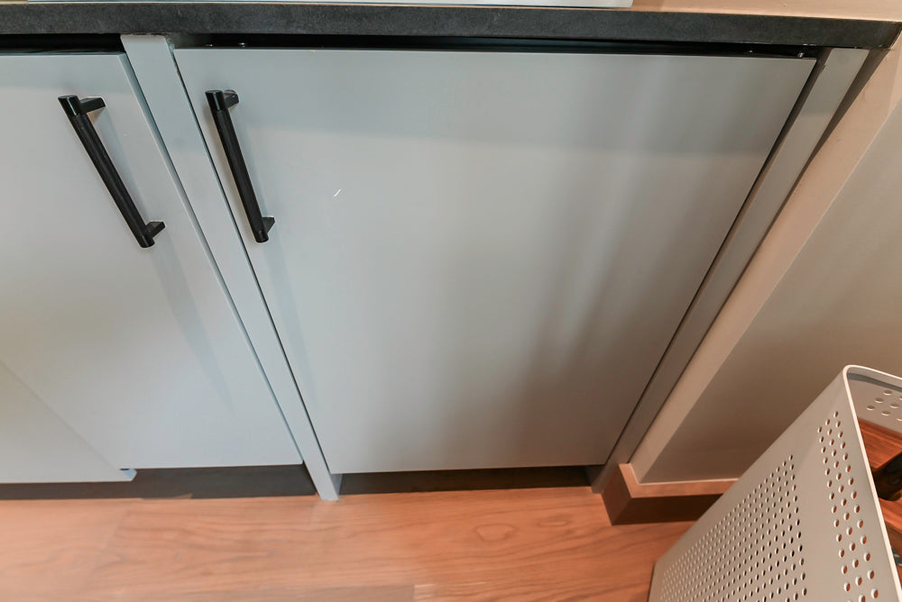 Custom Modern Light Grey Wet Bar with Black Stone Countertops & Appliances