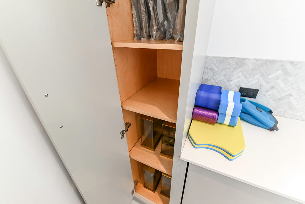 Custom Modern Light Grey Pantry with White Stone Countertops and Stainless Steel Sink