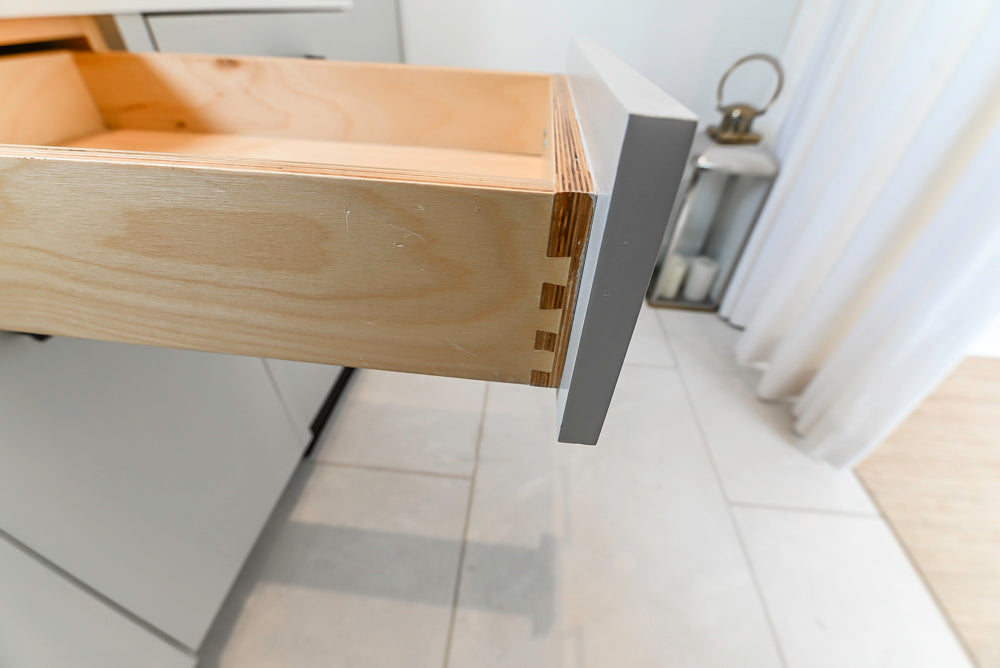 Custom Modern Light Grey Pantry with White Stone Countertops and Stainless Steel Sink