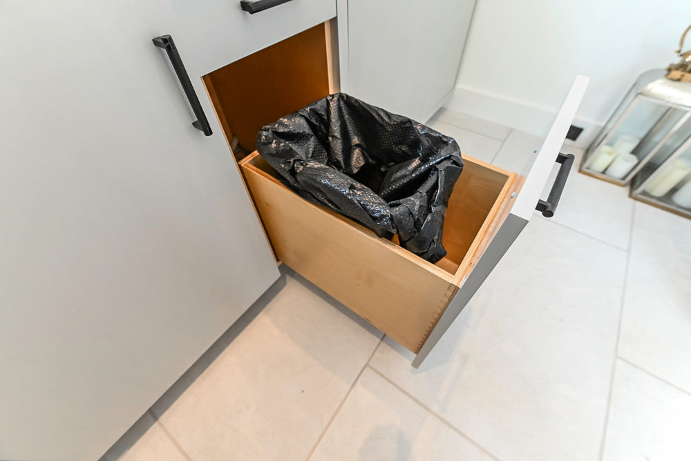 Custom Modern Light Grey Pantry with White Stone Countertops and Stainless Steel Sink