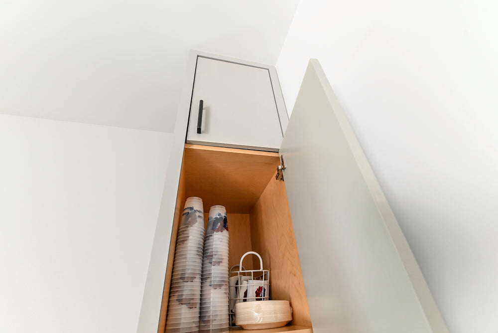 Custom Modern Light Grey Pantry with White Stone Countertops and Stainless Steel Sink