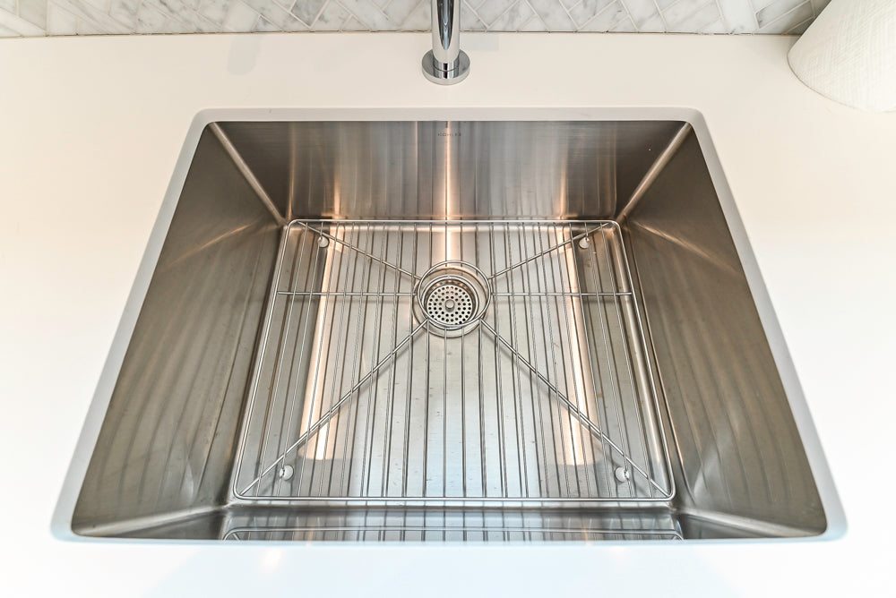 Custom Modern Light Grey Pantry with White Stone Countertops and Stainless Steel Sink