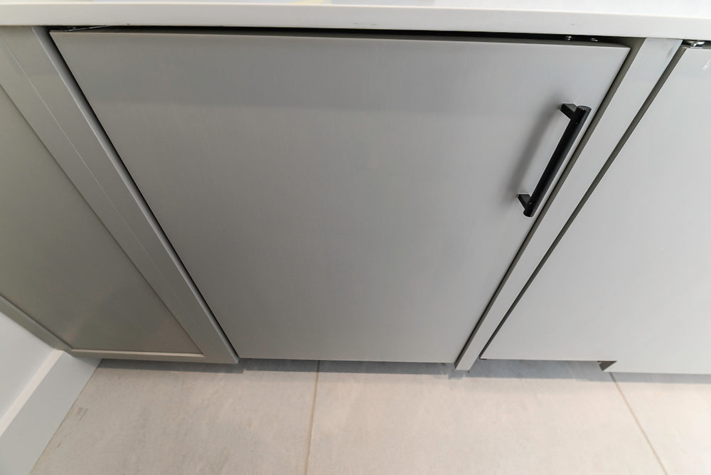 Custom Modern Light Grey Pantry with White Stone Countertops and Stainless Steel Sink