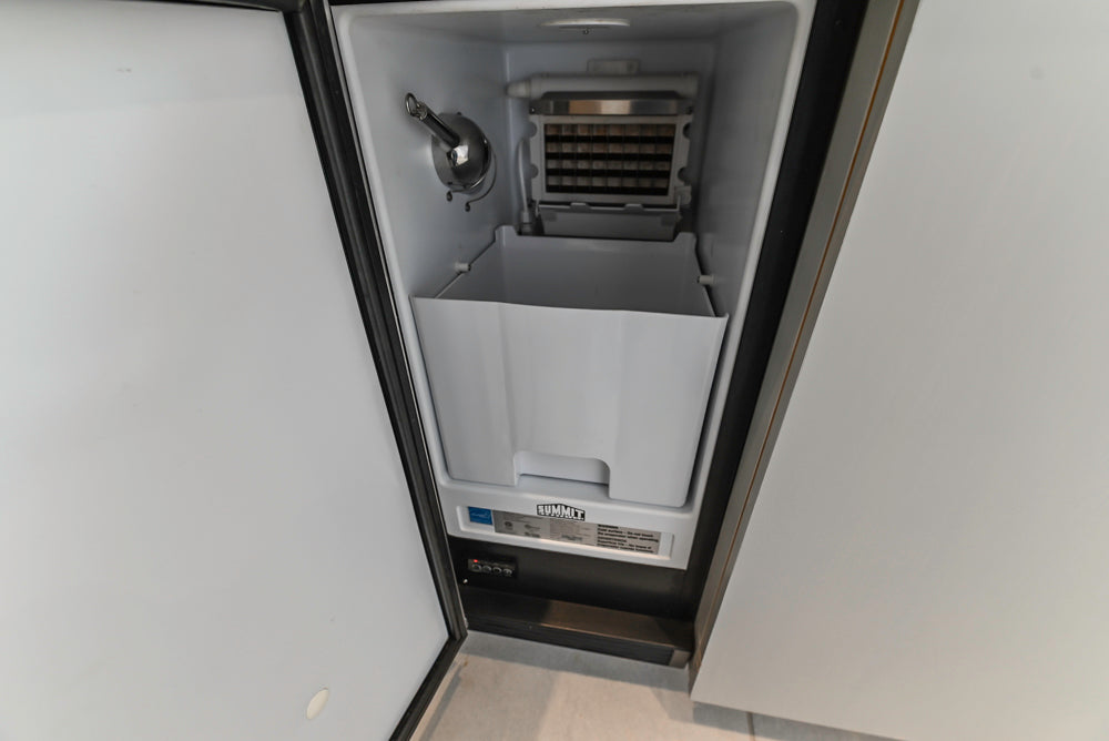 Custom Modern Light Grey Pantry with White Stone Countertops and Stainless Steel Sink