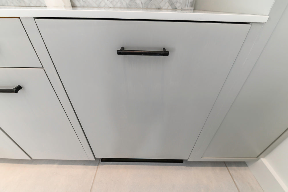 Custom Modern Light Grey Pantry with White Stone Countertops and Stainless Steel Sink