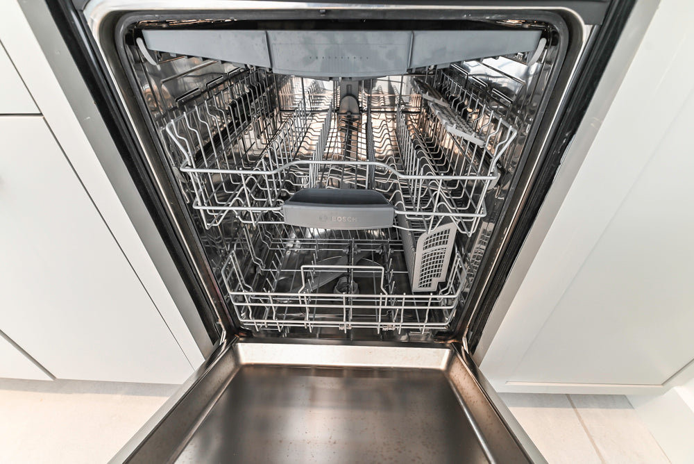Custom Modern Light Grey Pantry with White Stone Countertops and Stainless Steel Sink
