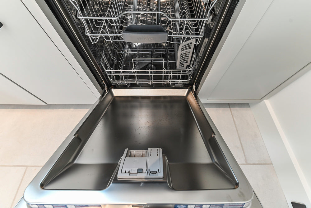 Custom Modern Light Grey Pantry with White Stone Countertops and Stainless Steel Sink