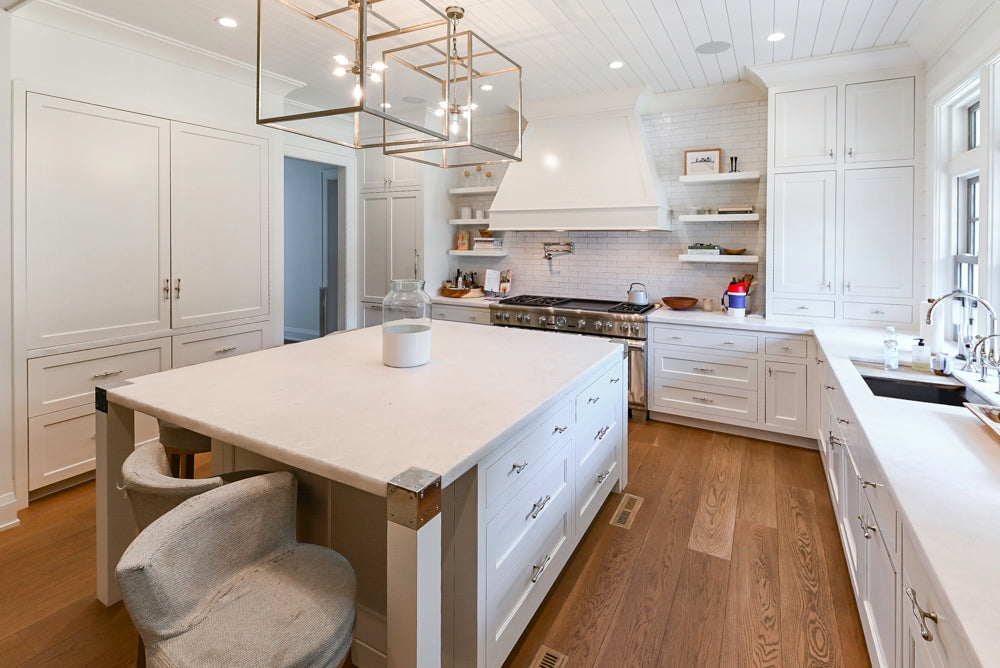 Ciuffo Cabinetry Transitional White Kitchen with Marble Countertops and Thermador Appliances