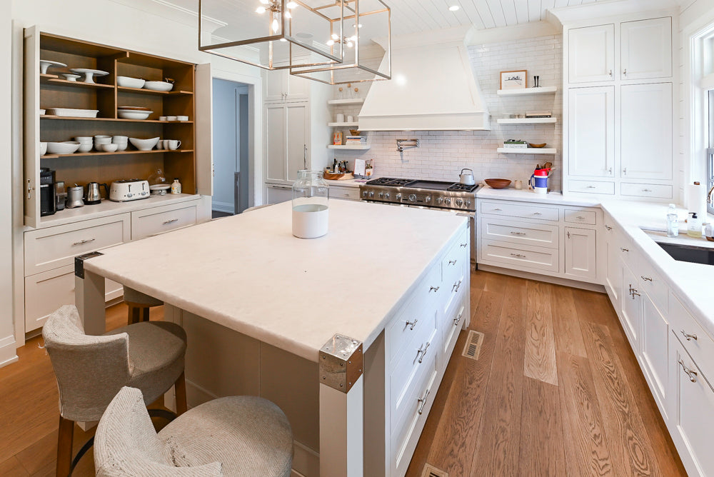Ciuffo Cabinetry Transitional White Kitchen with Marble Countertops and Thermador Appliances