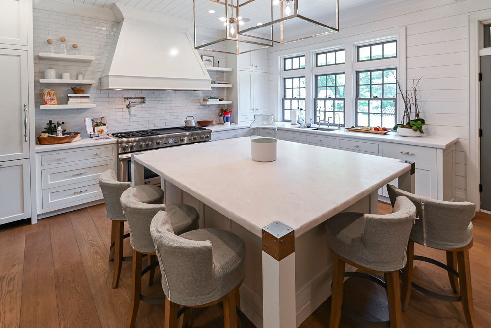 Ciuffo Cabinetry Transitional White Kitchen with Marble Countertops and Thermador Appliances