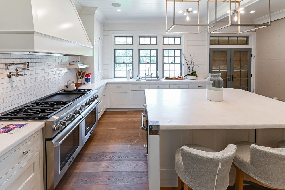 Ciuffo Cabinetry Transitional White Kitchen with Marble Countertops and Thermador Appliances