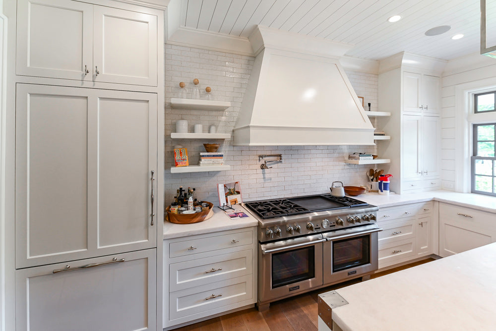 Ciuffo Cabinetry Transitional White Kitchen with Marble Countertops and Thermador Appliances