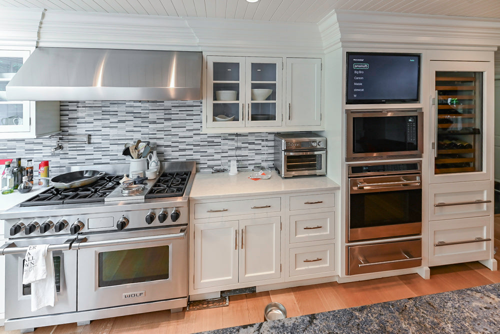 Plain & Fancy Transitional White Kitchen with Island, Countertops and Wolf & Sub-Zero Appliances