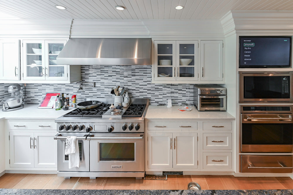 Plain & Fancy Transitional White Kitchen with Island, Countertops and Wolf & Sub-Zero Appliances