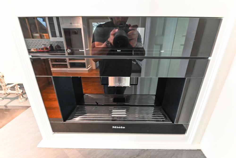 Christopher Peacock Transitional White Kitchen with Island and Miele Appliances