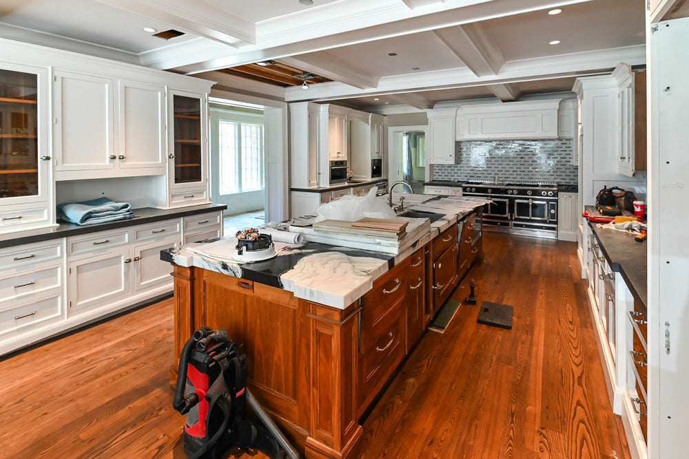 Christopher Peacock Transitional White Kitchen with Island, La Cornue 165 Range & Miele Appliances