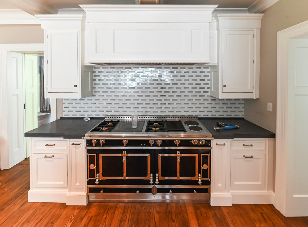 Christopher Peacock Transitional White Kitchen with Island, La Cornue 165 Range & Miele Appliances