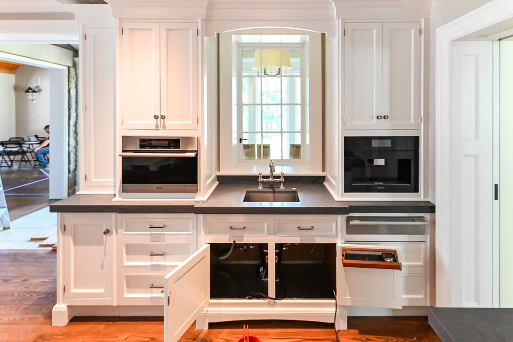 Christopher Peacock Transitional White Kitchen with Island, La Cornue 165 Range & Miele Appliances