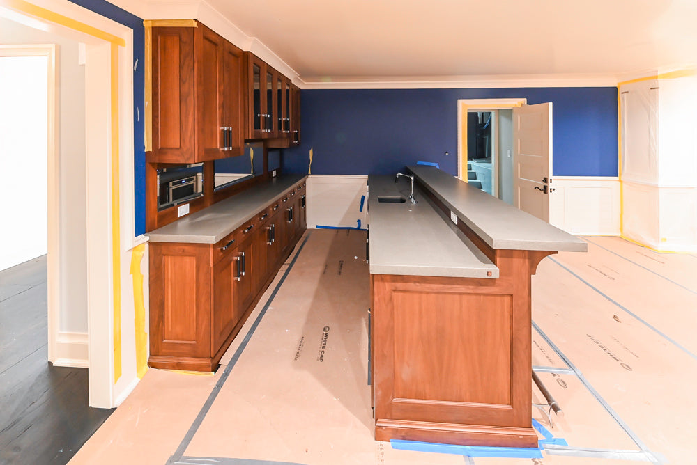 Custom Transitional Wooden Brown Wet Bar Area with Seating Room & Stone Countertops