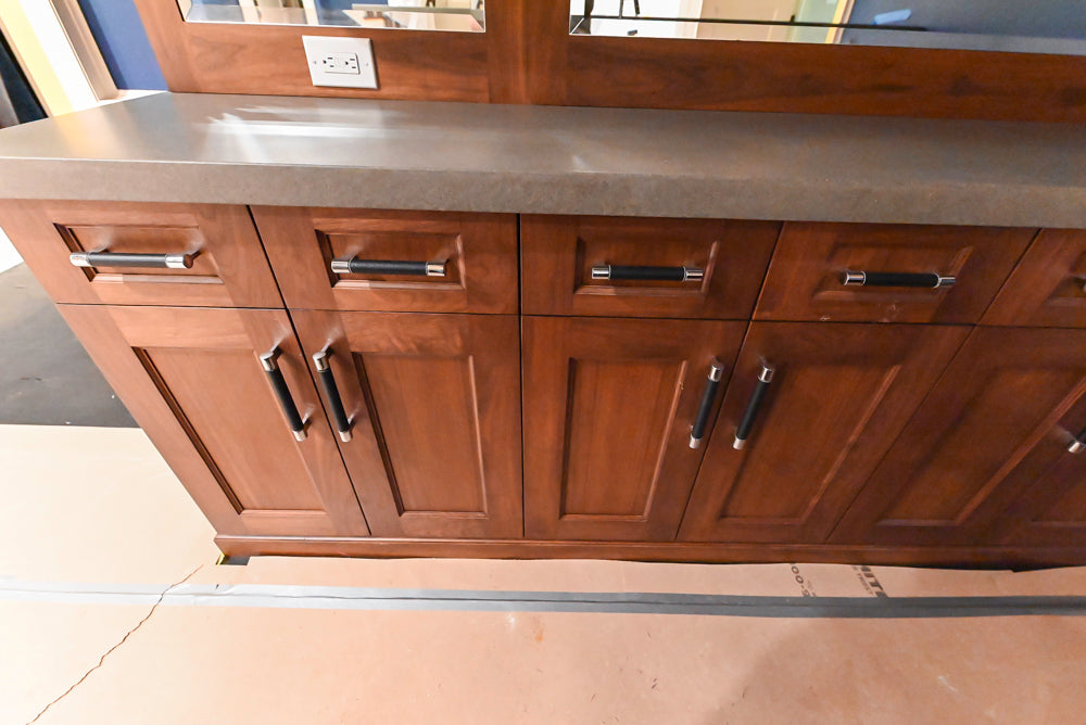 Custom Transitional Wooden Brown Wet Bar Area with Seating Room & Stone Countertops