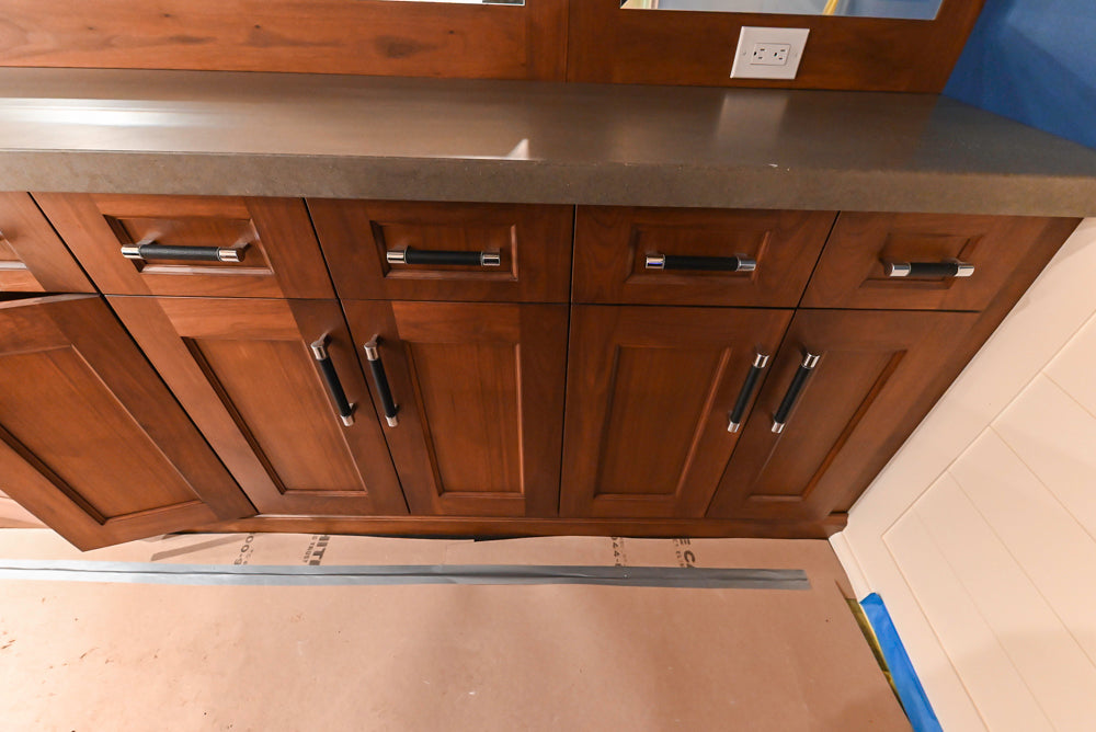 Custom Transitional Wooden Brown Wet Bar Area with Seating Room & Stone Countertops