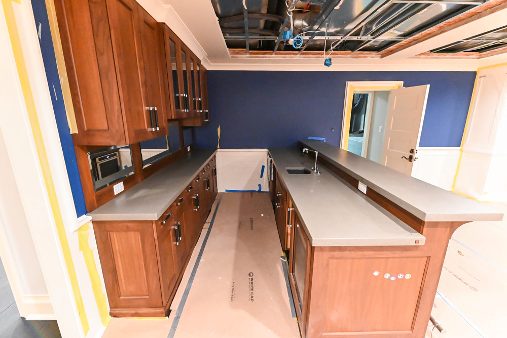 Custom Transitional Wooden Brown Wet Bar Area with Seating Room & Stone Countertops