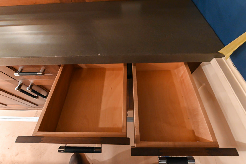 Custom Transitional Wooden Brown Wet Bar Area with Seating Room & Stone Countertops