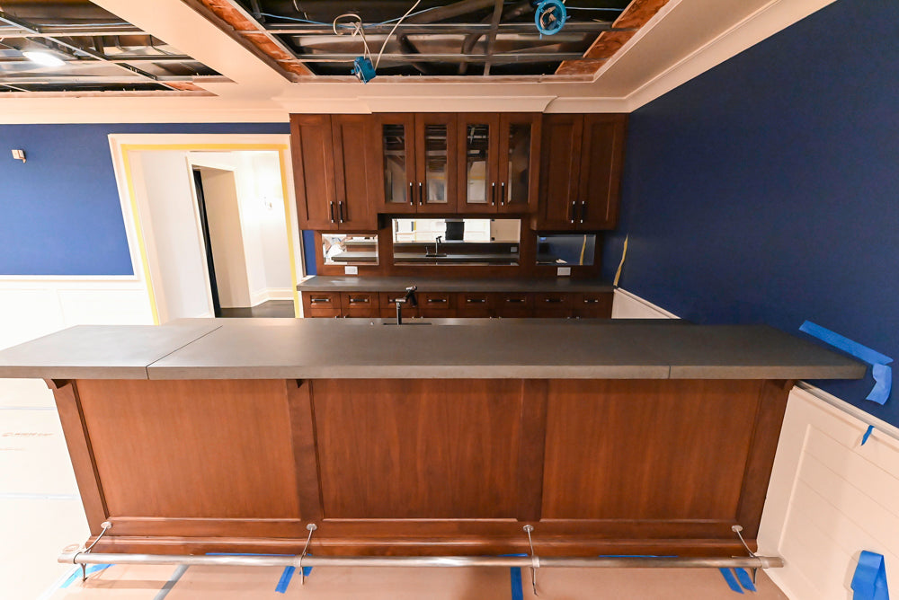 Custom Transitional Wooden Brown Wet Bar Area with Seating Room & Stone Countertops