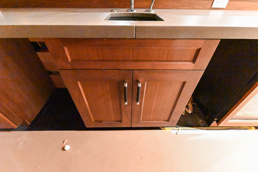 Custom Transitional Wooden Brown Wet Bar Area with Seating Room & Stone Countertops