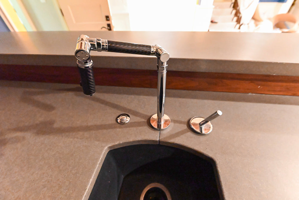 Custom Transitional Wooden Brown Wet Bar Area with Seating Room & Stone Countertops