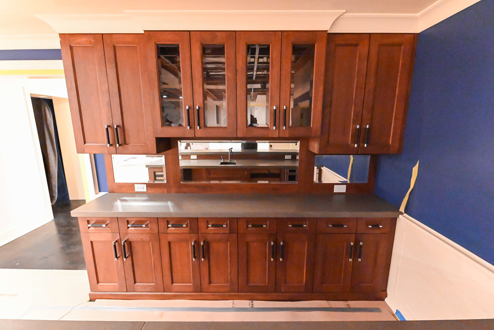 Custom Transitional Wooden Brown Wet Bar Area with Seating Room & Stone Countertops