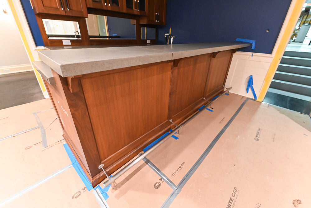 Custom Transitional Wooden Brown Wet Bar Area with Seating Room & Stone Countertops