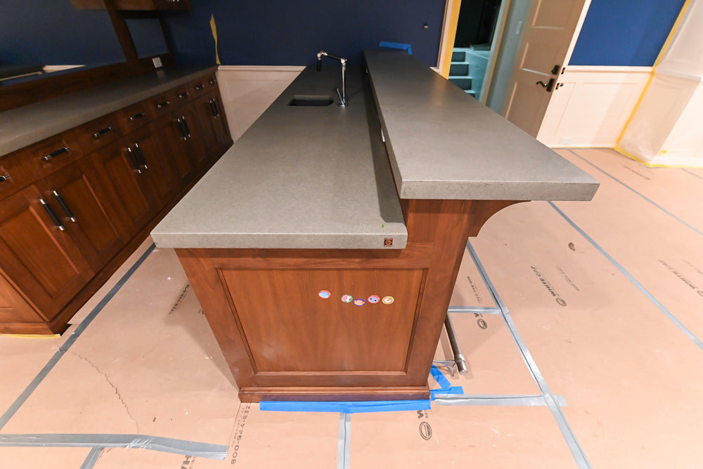 Custom Transitional Wooden Brown Wet Bar Area with Seating Room & Stone Countertops