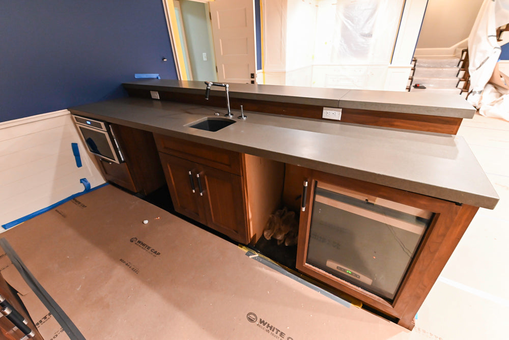 Custom Transitional Wooden Brown Wet Bar Area with Seating Room & Stone Countertops