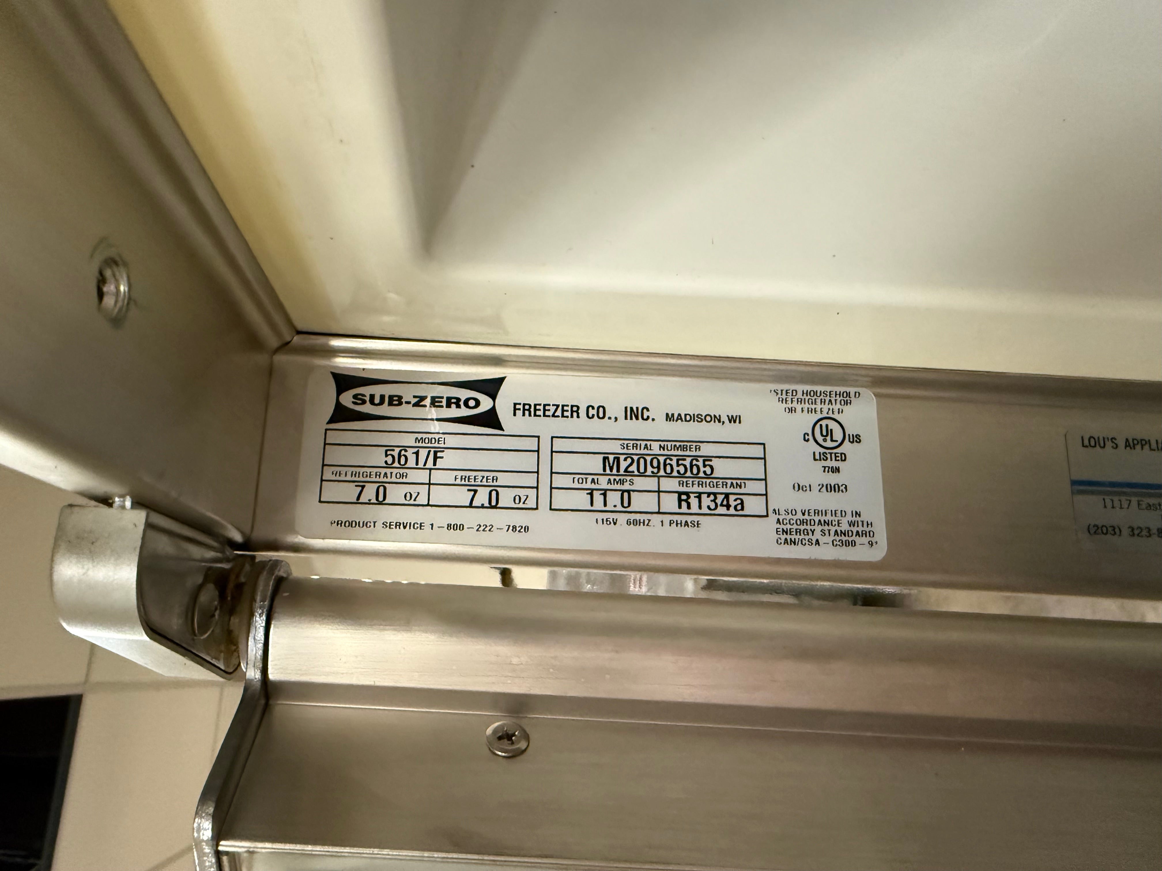 Sub-Zero 561/F 36" Panel Ready Side by Side Refrigerator, Pre-Owned