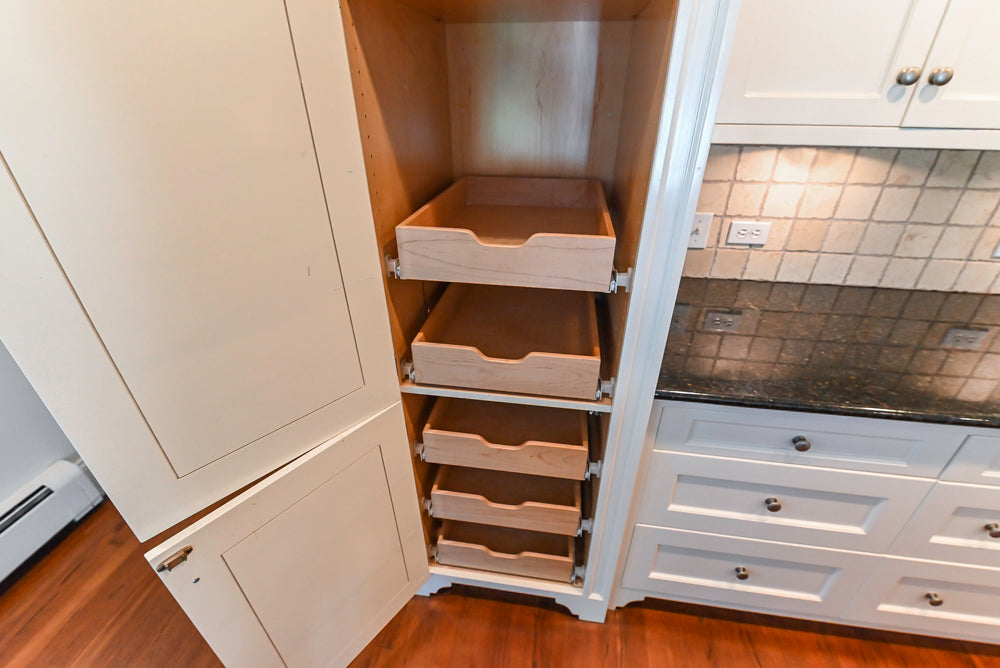 Custom Traditional White Kitchen with Wood Island, Granite Countertops and Wolf Range