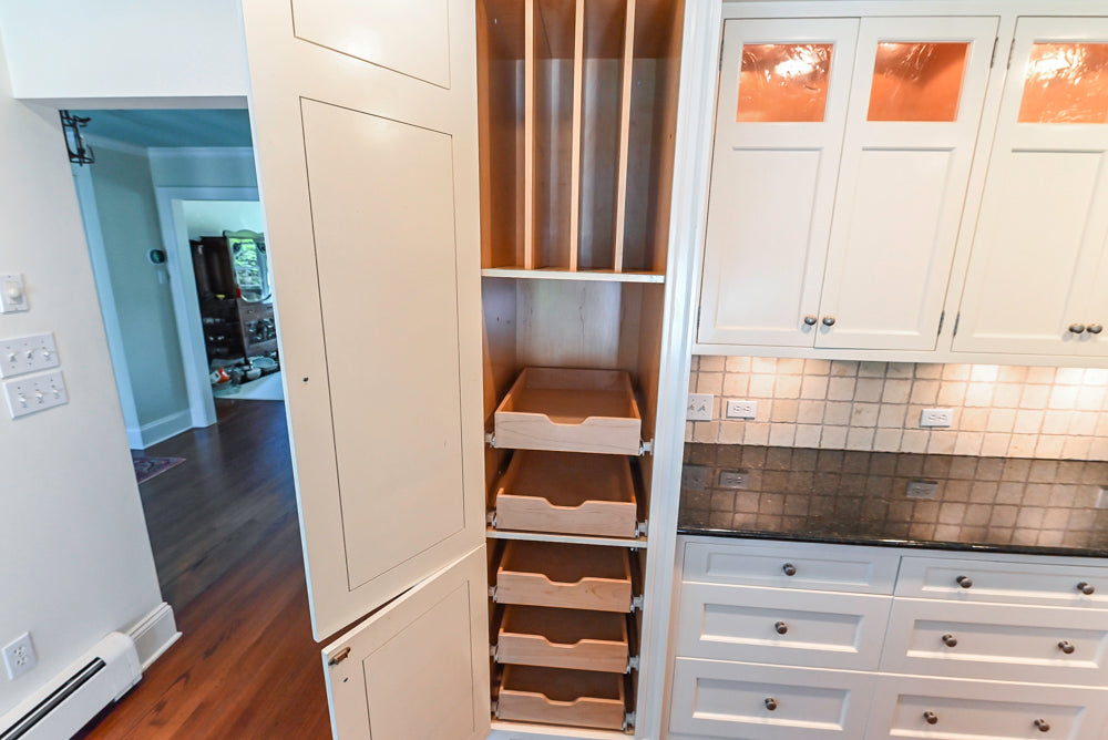 Custom Traditional White Kitchen with Wood Island, Granite Countertops and Wolf Range