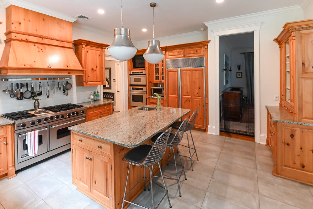 Custom Traditional Natural Wood Kitchen with Granite Countertops and Appliances