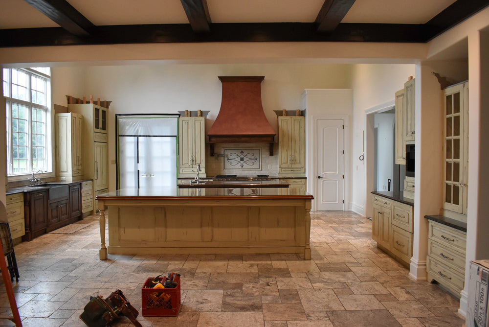 Custom Traditional Distressed Two-Tone Kitchen with Double Island, Stone Countertops and Sub-Zero & Wolf Appliances