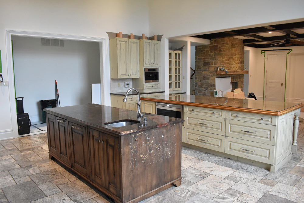 Custom Traditional Distressed Two-Tone Kitchen with Double Island, Stone Countertops and Sub-Zero & Wolf Appliances