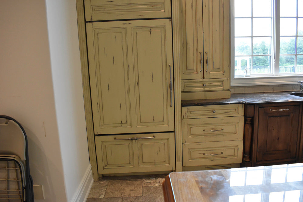 Custom Traditional Distressed Two-Tone Kitchen with Double Island, Stone Countertops and Sub-Zero & Wolf Appliances