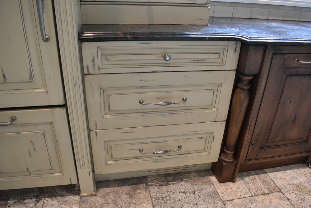 Custom Traditional Distressed Two-Tone Kitchen with Double Island, Stone Countertops and Sub-Zero & Wolf Appliances