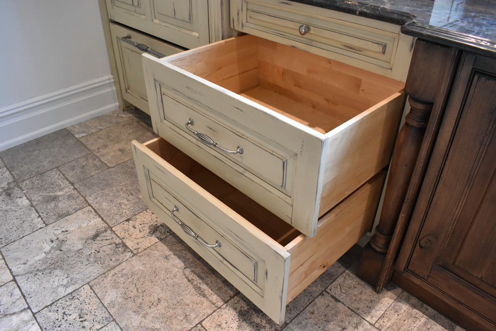 Custom Traditional Distressed Two-Tone Kitchen with Double Island, Stone Countertops and Sub-Zero & Wolf Appliances