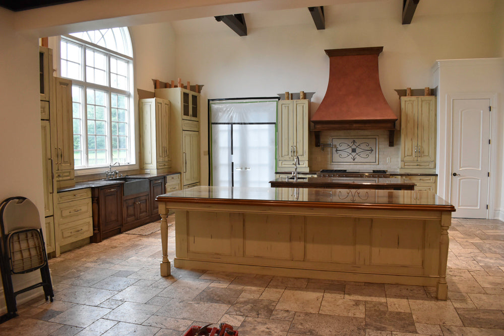 Custom Traditional Distressed Two-Tone Kitchen with Double Island, Stone Countertops and Sub-Zero & Wolf Appliances