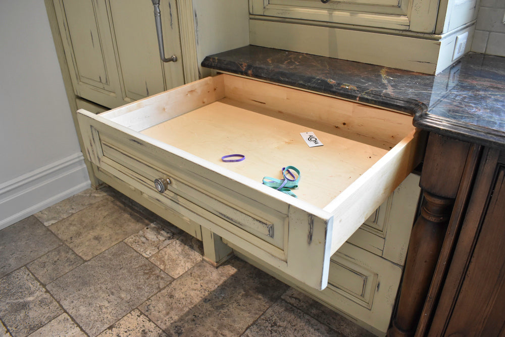 Custom Traditional Distressed Two-Tone Kitchen with Double Island, Stone Countertops and Sub-Zero & Wolf Appliances