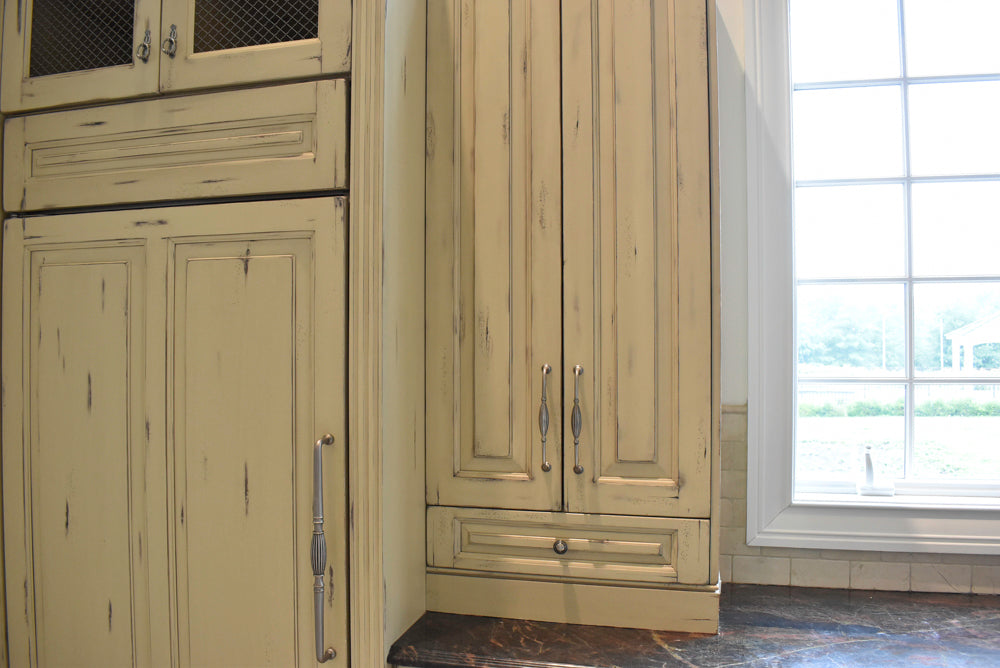 Custom Traditional Distressed Two-Tone Kitchen with Double Island, Stone Countertops and Sub-Zero & Wolf Appliances