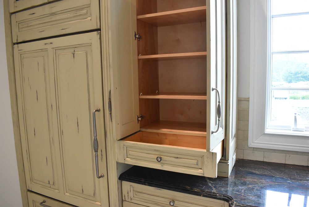 Custom Traditional Distressed Two-Tone Kitchen with Double Island, Stone Countertops and Sub-Zero & Wolf Appliances
