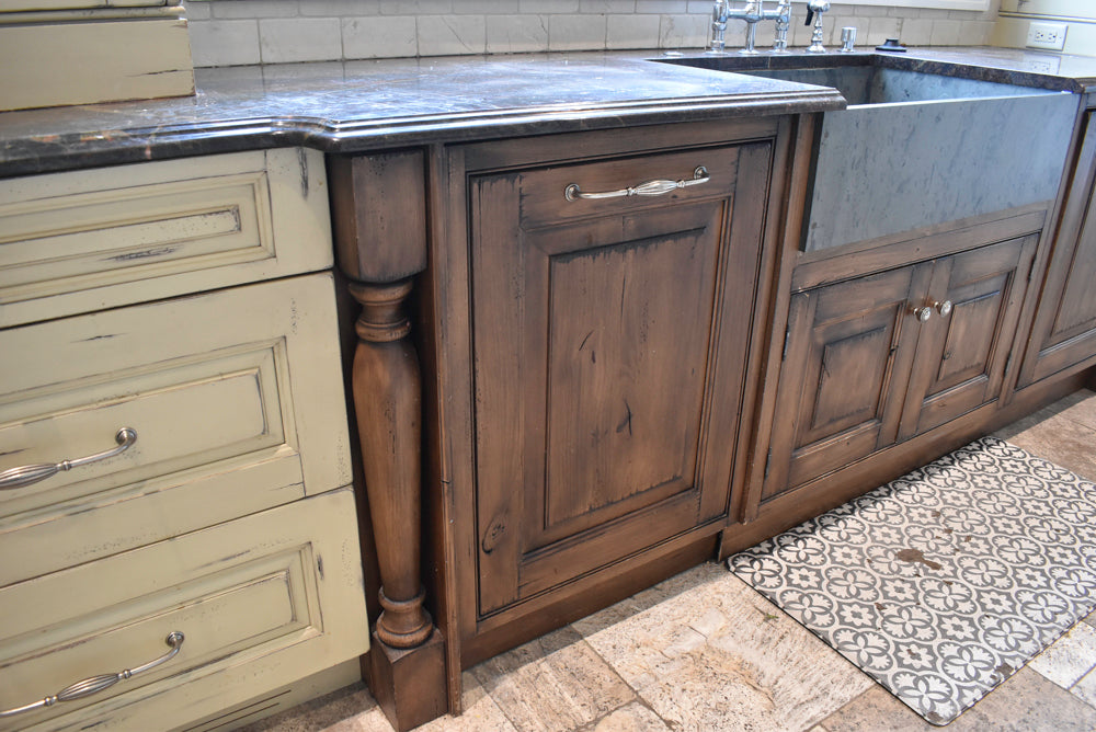 Custom Traditional Distressed Two-Tone Kitchen with Double Island, Stone Countertops and Sub-Zero & Wolf Appliances